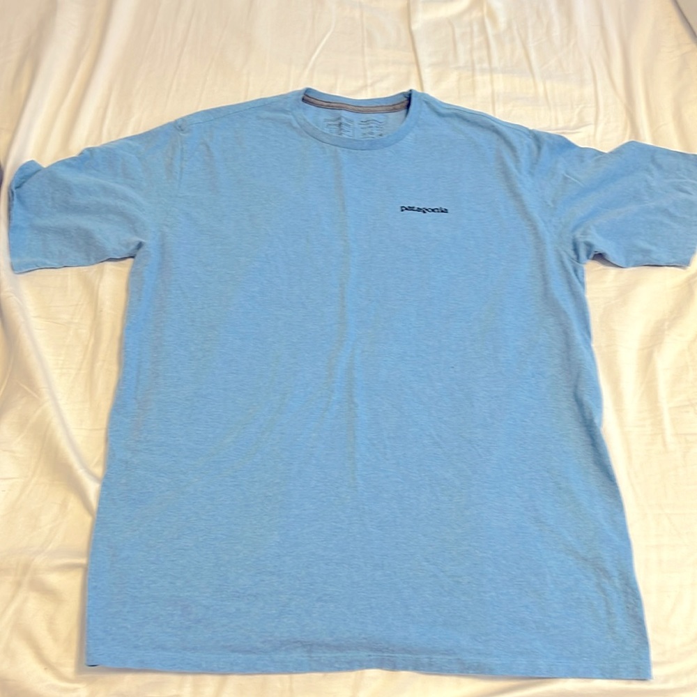 Patagonia men’s tshirt. Light blue. Size large
